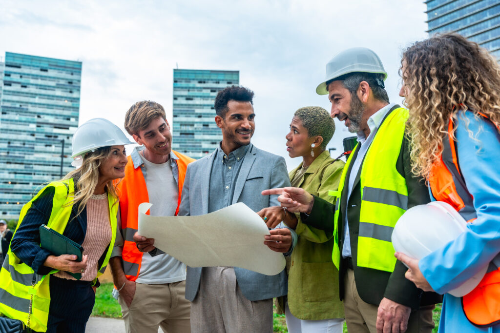 Construction professionals wearing safety vests and hard hats collaborating while reviewing building plans outdoors, representing teamwork and strategic planning.